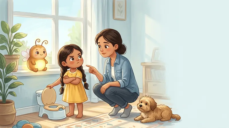 Illustration, made with AI: a girl with her arms crossed stands beside a small potty while her mom crouches and points to a sunny spot by the window, a small dog lies on the rug, and a glowing firefly lights the spot from the windowsill.