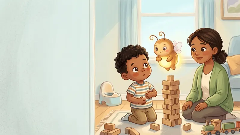 Illustration, made with AI: a little boy kneels by a tower of blocks with one hand on his tummy while his mom sits close by, a small potty waits against the wall, and a glowing firefly rests an arm on its own belly.