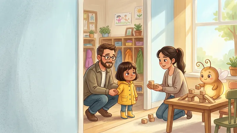 Illustration, made with AI: a girl in a yellow raincoat holds her dad's hand at a preschool door while her teacher kneels with two wooden blocks, and a glowing firefly sets the last block on a small bridge.