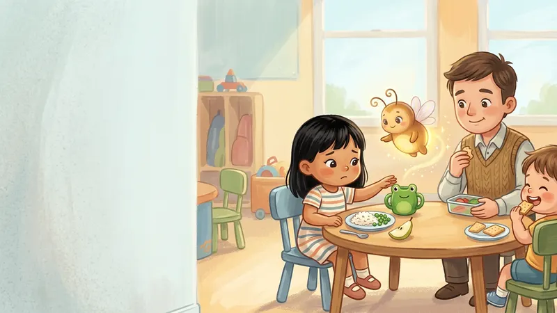 Illustration, made with AI: a girl looks at her plate at a small round preschool table with a green frog cup from home beside it, while her teacher eats his own lunch and a glowing firefly points to the cup.