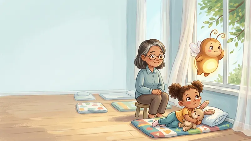 Illustration, made with AI: a girl lies on a rest mat with her eyes open, hugging a stuffed rabbit and looking toward the window, while her teacher sits close by and a glowing firefly listens to the leaves outside.