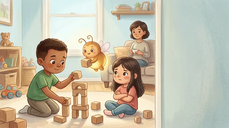 Illustration, made with AI: a boy kneels to set one block at the bottom of a rebuilt tower while a girl with folded arms watches, and a glowing firefly holds up a block between them.
