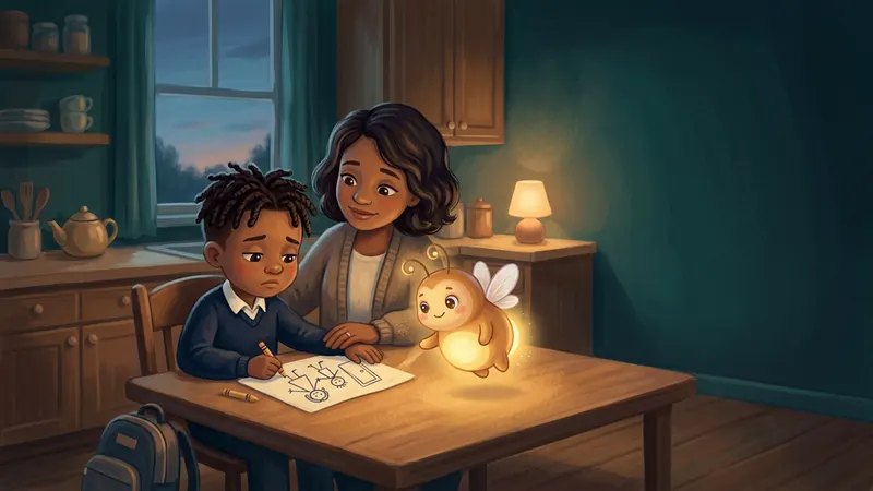 Illustration, made with AI: a boy and his mom at a lamplit kitchen table draw two people walking to a door, with a glowing firefly lighting the drawing.