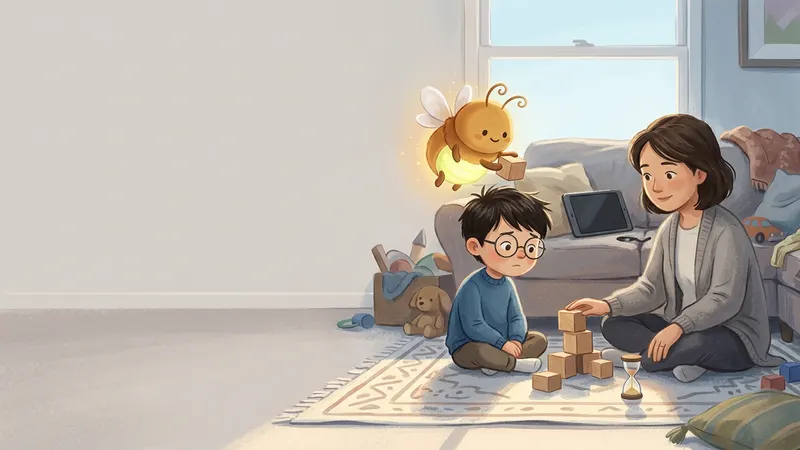 Illustration, made with AI: a boy sits on a rug with a stack of wooden blocks and a sand timer that has run out, his mom beside him and a dark tablet on the sofa behind, while a glowing firefly holds up one more block.
