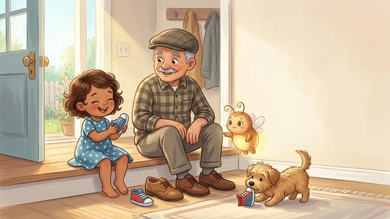 Illustration, made with AI: a little girl giggles on the front step holding up a sneaker, her grandfather's shoes lined up beside hers, a small dog tipping over the other sneaker, and a glowing firefly pointing at the matching toes.