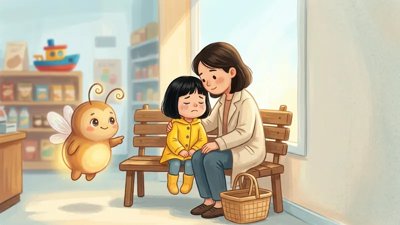 Illustration, made with AI: a girl with tears on her cheeks sits on a bench by a sunny store window with her mom close beside her, and a glowing firefly points to the free seat on her other side.