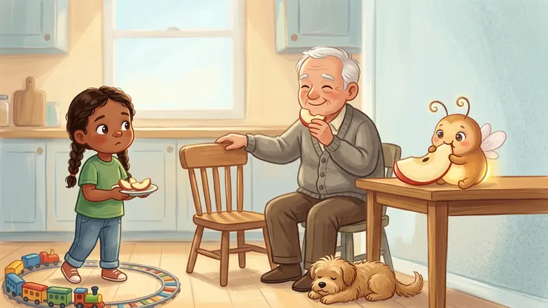 Illustration, made with AI: a girl stands by her toy train track with a plate of apple slices while her grandpa sits at the kitchen table beside an empty chair, a small dog lies near his feet, and a glowing firefly takes a happy bite of a huge apple slice.
