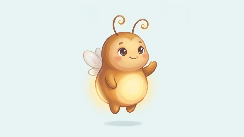 Illustration, made with AI: Zubby, a small glowing firefly friend, waves hello.