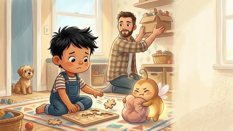 Illustration, made with AI: a boy sits beside a half-finished puzzle with one piece rolling away while his dad lifts a box of wooden blocks onto a high shelf, a small dog watches from the doorway, and a glowing firefly squeezes a soft cushion.
