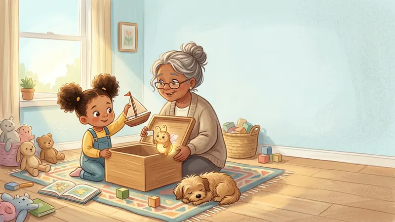Illustration, made with AI: a little girl sails a wooden boat into a toy box while her grandmother holds the lid, a small dog naps on the rug, and a glowing firefly holds a tiny flag.