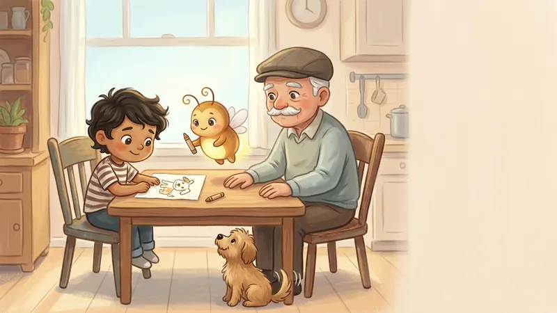 Illustration, made with AI: a boy frowns at a crayon drawing of a dog with one wobbly ear while his grandpa sits beside him, a small dog wags its tail, and a glowing firefly holds out a fresh crayon.