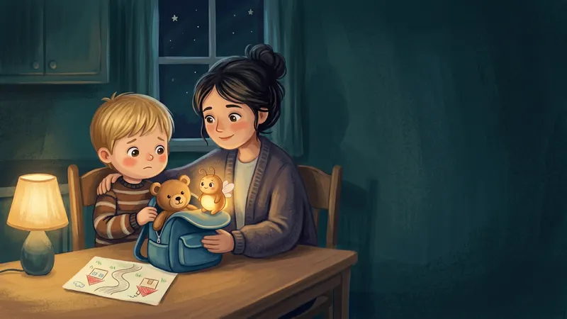 Illustration, made with AI: a boy packs a small blue backpack at a lamplit kitchen table beside his mom, a teddy bear peeking from the top, and a glowing firefly lights the bear.