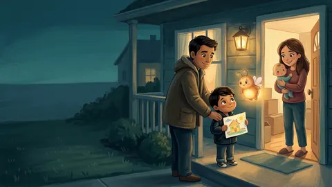 Illustration, made with AI: a boy and his dad stand on a porch at dusk holding a hand-made drawing for a neighbor who smiles in her doorway, and a glowing firefly lights the drawing like a tiny lantern.