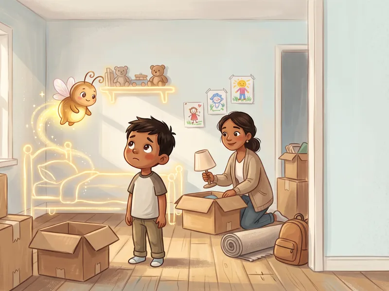 Illustration, made with AI: a boy stands in a new room among boxes while a grown-up unpacks a lamp and Zubby floats beside them.