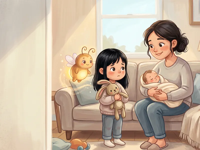 Illustration, made with AI: a girl holding a toy bunny stands by the sofa where her mom holds a new baby, with Zubby floating beside them.