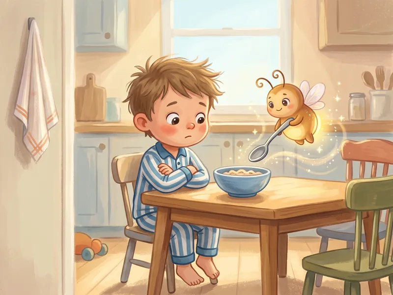 Illustration, made with AI: a boy in striped pajamas sits at the breakfast table with his arms folded while Zubby, a small glowing firefly, floats by with a spoon.