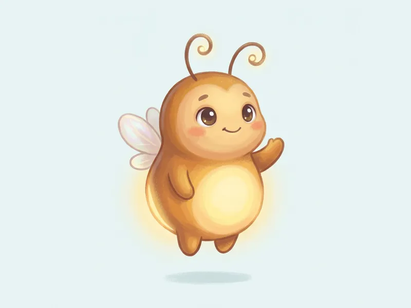 Illustration, made with AI: Zubby, a small glowing firefly friend, waves hello.
